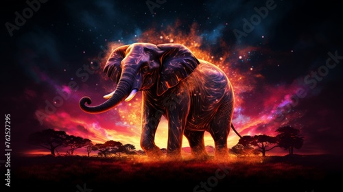 An elephant illuminated by cosmic light stands majestically against a star-filled night sky  with radiant colors sweeping through the savannah.