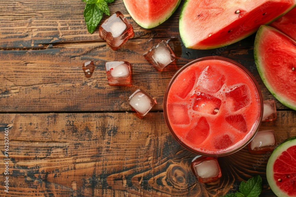 Glass with natural watermelon drink with ice on a wooden table with fruit around. Top view. Horizontal composition.