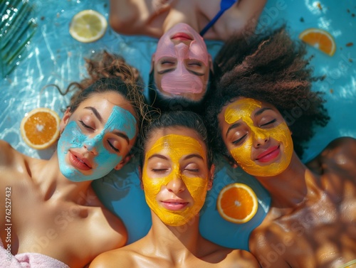 A group of friends enjoying a spa day together, applying face masks and relaxing