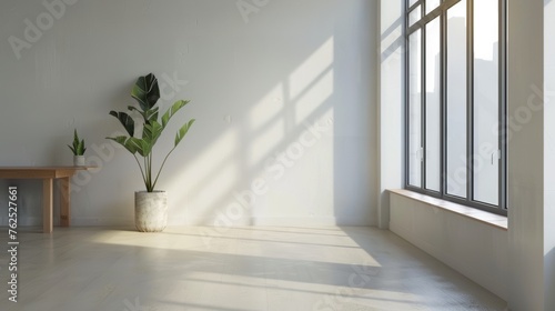 Serene Empty Bedroom with Potted Plant and Sleek Desk AI Generated. photo