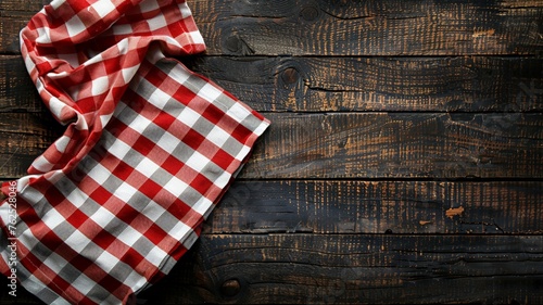 Rustic elegance of a red and white checkered napkin on dark wood texture