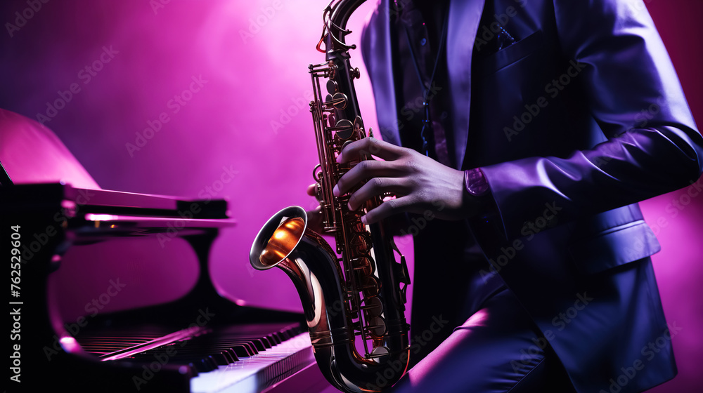 Fototapeta premium A black saxophonist playing jazz music. Close-up of a musician's hands elegantly holding a saxophone, focusing on the instrument and the details of his violet concert outfit