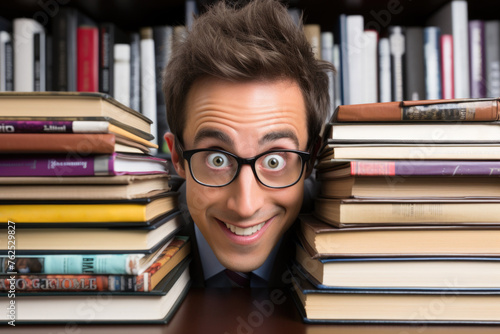 smart inquisitive person with glasses among many books, concept of gaining new knowledge, learning