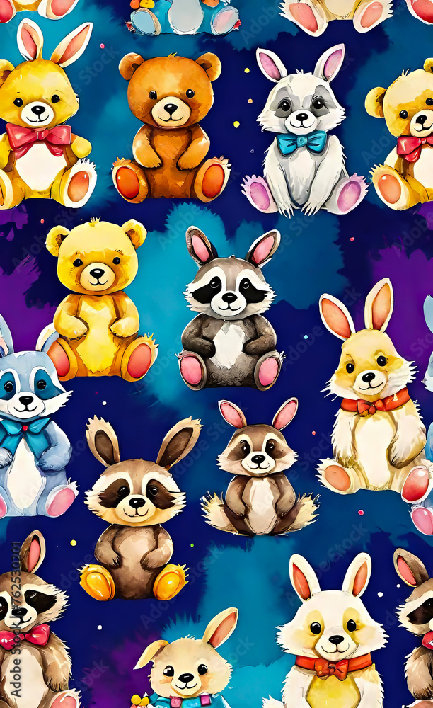 Obraz premium Watercolor illustration, seamless children's pattern with plush toys, template for print on fabric, paper, wrapper,