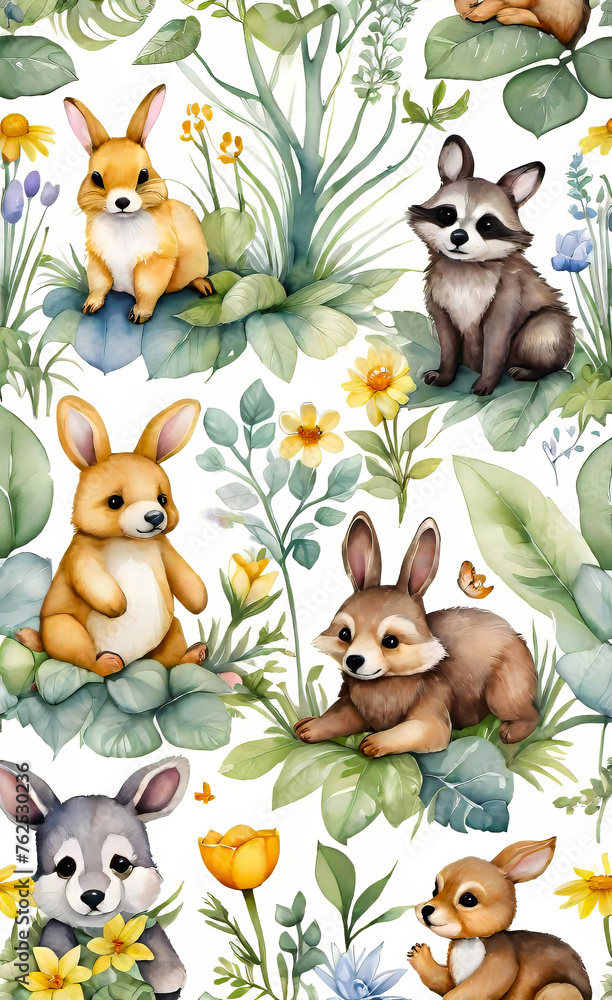 Obraz premium Watercolor illustration, seamless children's pattern with plush toys, template for print on fabric, paper, wrapper,