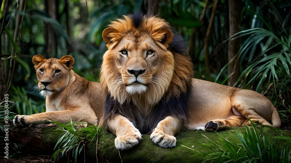 lion and lioness in green jungle. Ai ganerated image lion and lioness in green jungle. Ai ganerated image