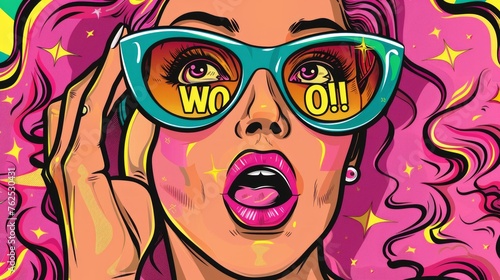 Wow pop art face. Sexy surprised woman with pink curly hair and open mouth holding sunglasses in her hand with inscription wow in reflection. Vector colorful background in pop art retro comic style. 