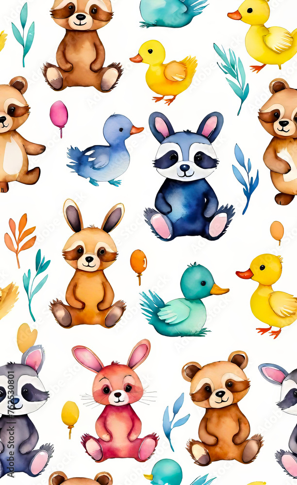 Naklejka premium Watercolor illustration, seamless children's pattern with plush toys, template for print on fabric, paper, wrapper,