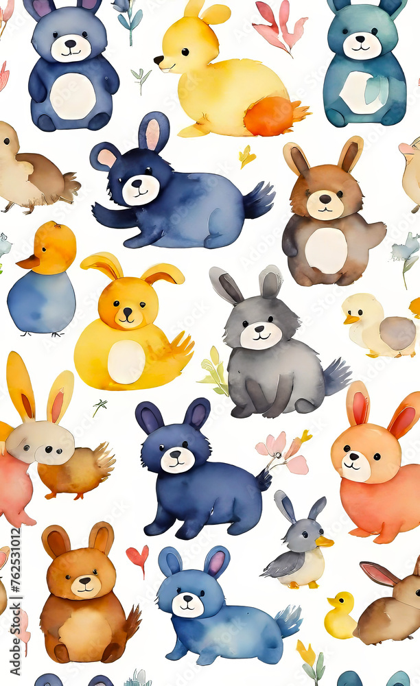 Obraz premium Watercolor illustration, seamless children's pattern with plush toys, template for print on fabric, paper, wrapper,
