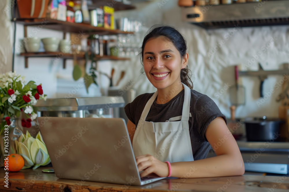Portrait of smiling Hispanic woman in apron using laptop at wooden counter in the style of small business concept. Portrait of smiling Hispanic woman in apron using laptop at wooden counter in the style of small business concept.