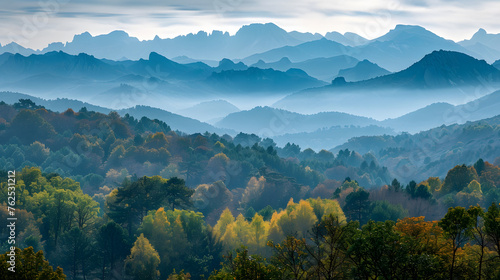 A photo of the Pyrenees Mountains, with lush forests as the background, during an autumn morning