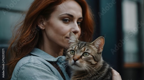 Smiling girl holding a cat. Ai ganerated image photo