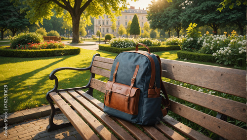 backpack on a bench in the park