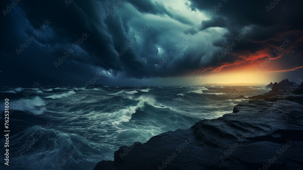 A dramatic HDR capture of a storm brewing over the ocean, with dark, ominous clouds contrasting against the rough sea waves.