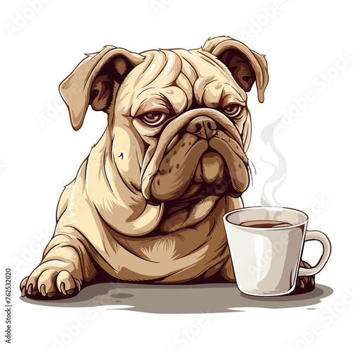 Grumpy bulldog holding coffee mug