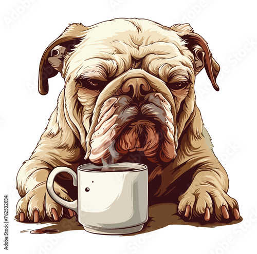 Grumpy bulldog holding coffee mug