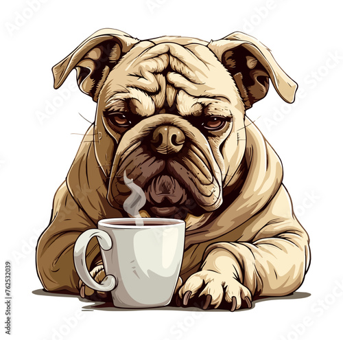 Grumpy bulldog holding coffee mug