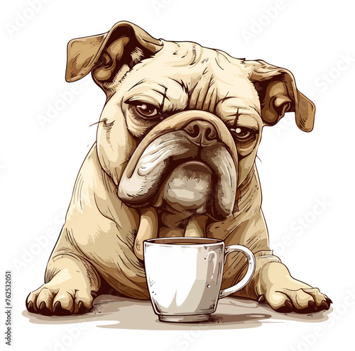 Grumpy bulldog holding coffee mug
