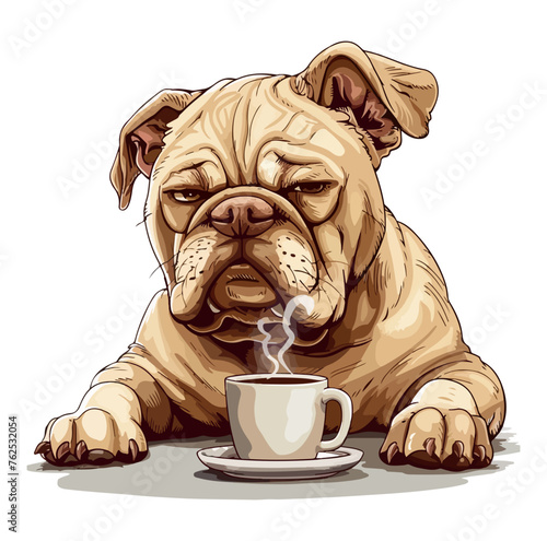 Grumpy bulldog holding coffee mug