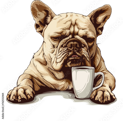 Grumpy bulldog holding coffee mug
