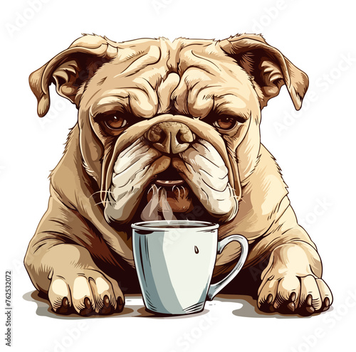 Grumpy bulldog holding coffee mug