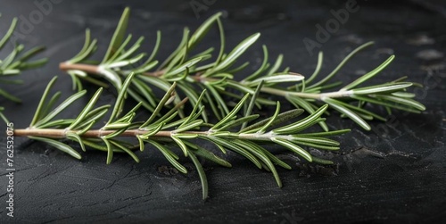 Close-up of two rosemary stems on a dark surface