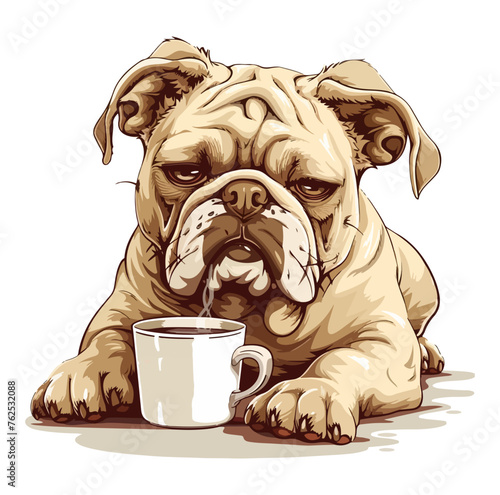 Grumpy bulldog holding coffee mug