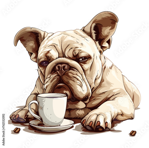 Grumpy bulldog holding coffee mug