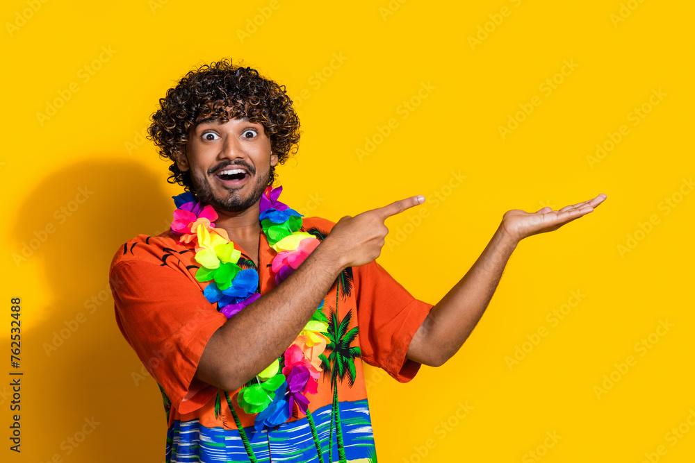 Photo of ecstatic man dressed print shirt flower necklace directing at sale on arm empty space isolated on yellow color background Photo of ecstatic man dressed print shirt flower necklace directing at sale on arm empty space isolated on yellow color background