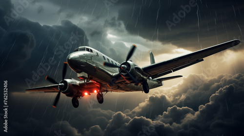A dramatic HDR image of a plane flying through a storm, with dark, moody clouds and the occasional flash of lightning.