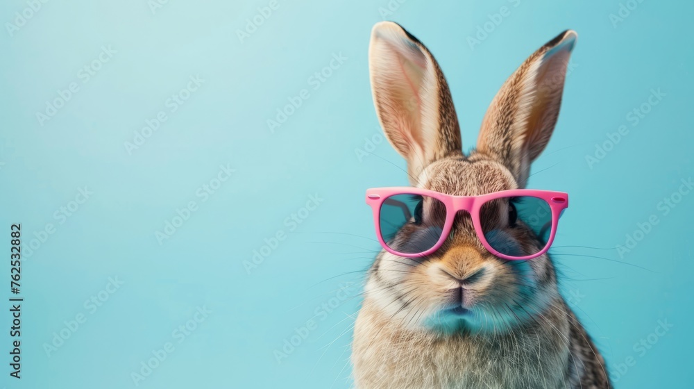 Cool bunny with sunglasses on pastel blue background
