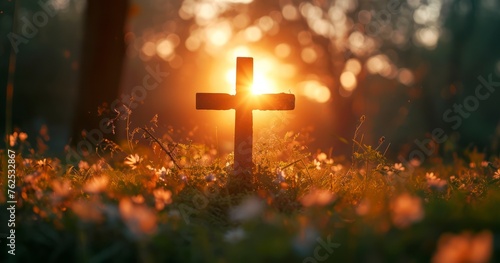 The Stark Silhouette of a Christian Cross Captured in the Soft Light of the Rising Sun photo