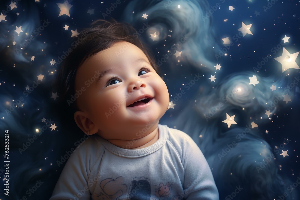 Curious Smiling baby looking to starry sky. Curious toddler with delighted face expression gazing on stars. Generate ai Curious Smiling baby looking to starry sky. Curious toddler with delighted face expression gazing on stars. Generate ai
