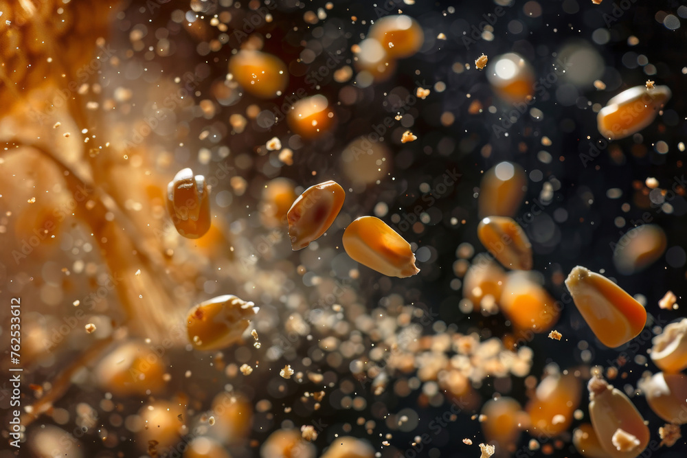 Corn kernels exploding, delicious concept.