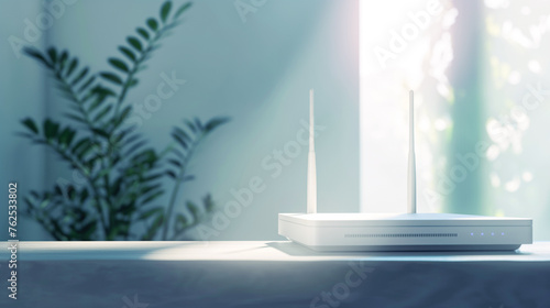 white router for home Internet and television networks, online communication on a white tabletop in the background of a light home interior with neon lighting and copy space photo