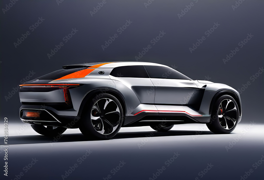 Naklejka premium Futuristic future car concept, realistic science fiction, dark metal car on the road in the city,