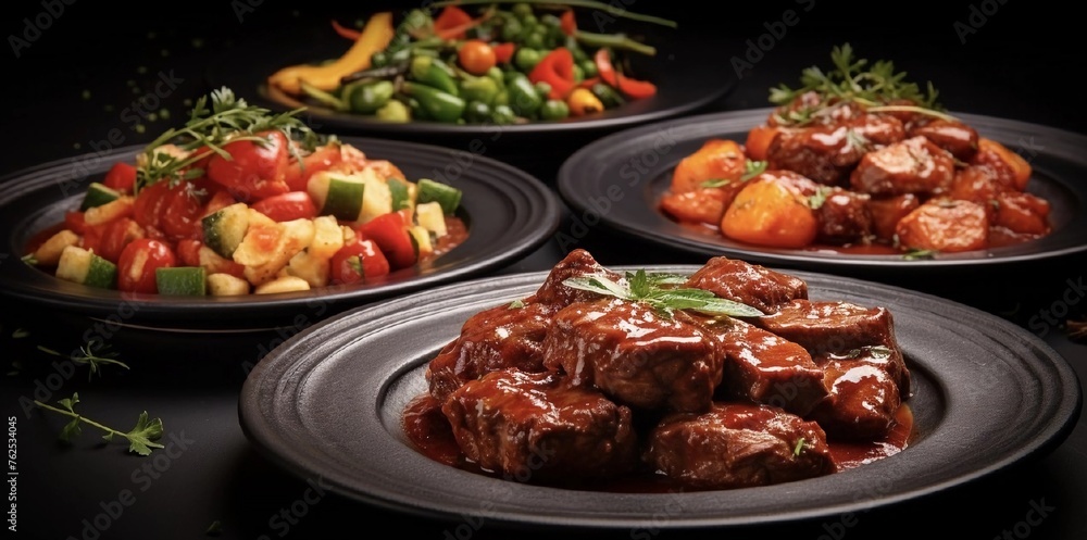 Three plates with meat and vegetables, and on one of them there is red sauce
Three plates with meat and vegetables, and on one of them there is red sauce
