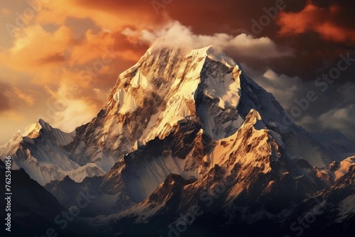 Mountain range with snow on top illuminated by the setting sun 