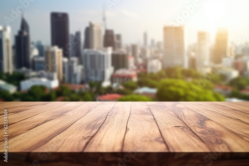 The empty wooden table top with blur background of downtown business district. Exuberant image. generative AI
