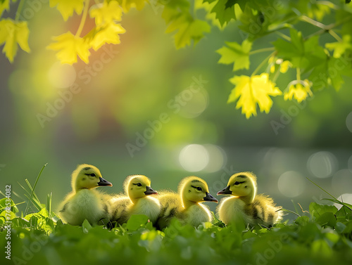 Ducklings Basking in Warm Sunlight Under Leaves