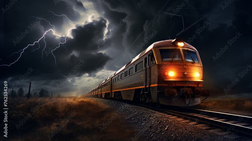 A dramatic thunderstorm scene with a train traveling under stormy skies, the HDR enhancing the dark clouds and intense atmosphere.