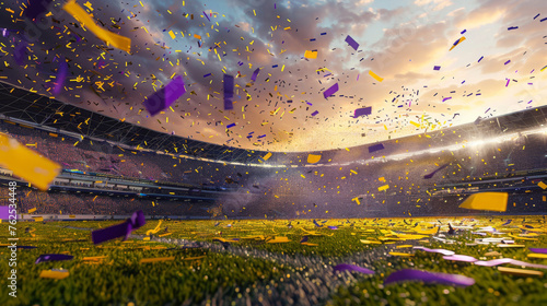 Confetti and fireworks fill the sky over a sunlit stadium with a cheering crowd. © VLA Studio