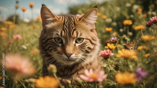 A playful tabby cat, chasing a butterfly through a field of wildflowers, its fur ruffled by the gentle breeze photo