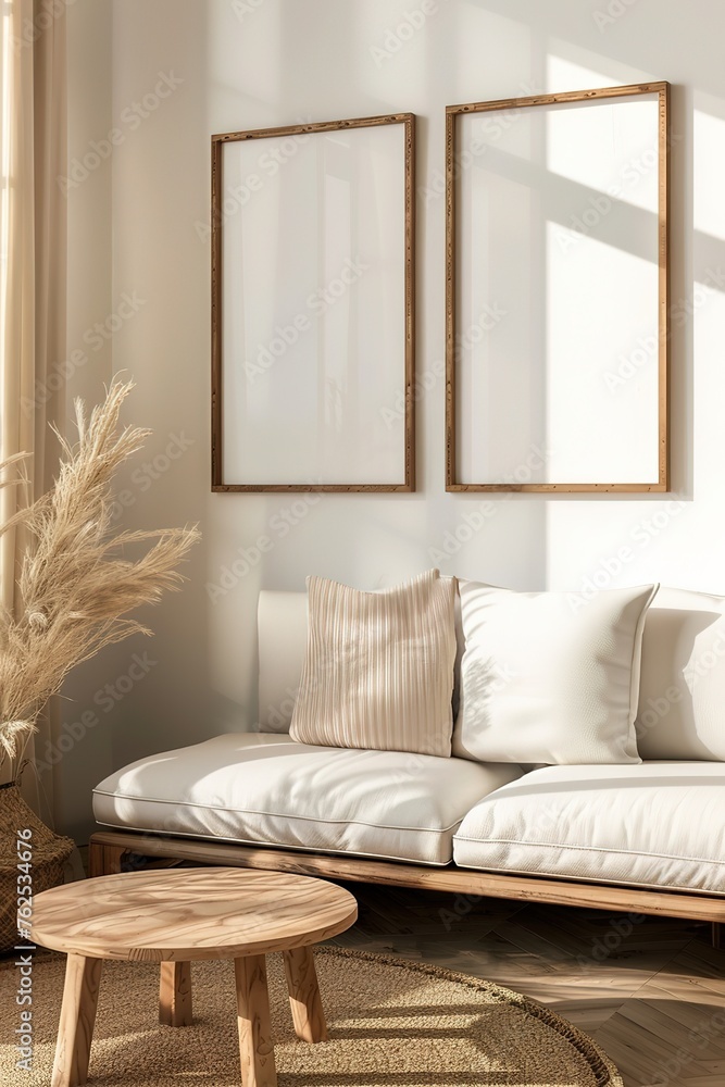 Fototapeta premium Cozy interior with sunlight casting shadows on a comfortable sofa and blank picture frames.