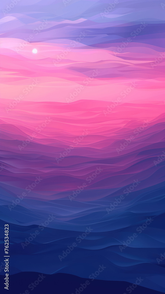 Vibrant pink and purple sunset digital art - A digital sunset landscape with wavy lines in shades of pink and purple under a small white sun