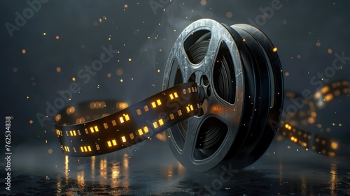 Vintage film reel with cinematic sparks and fog - A classic film reel surrounded by a magical haze and cinematic sparks telling a story of nostalgia and the golden age of film