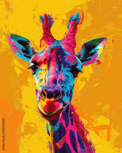 Vibrant Pop Art style colorful giraffe portrait - A playful, colorful digital portrait of a giraffe in bold Pop Art style evokes joy and creativity © Mickey