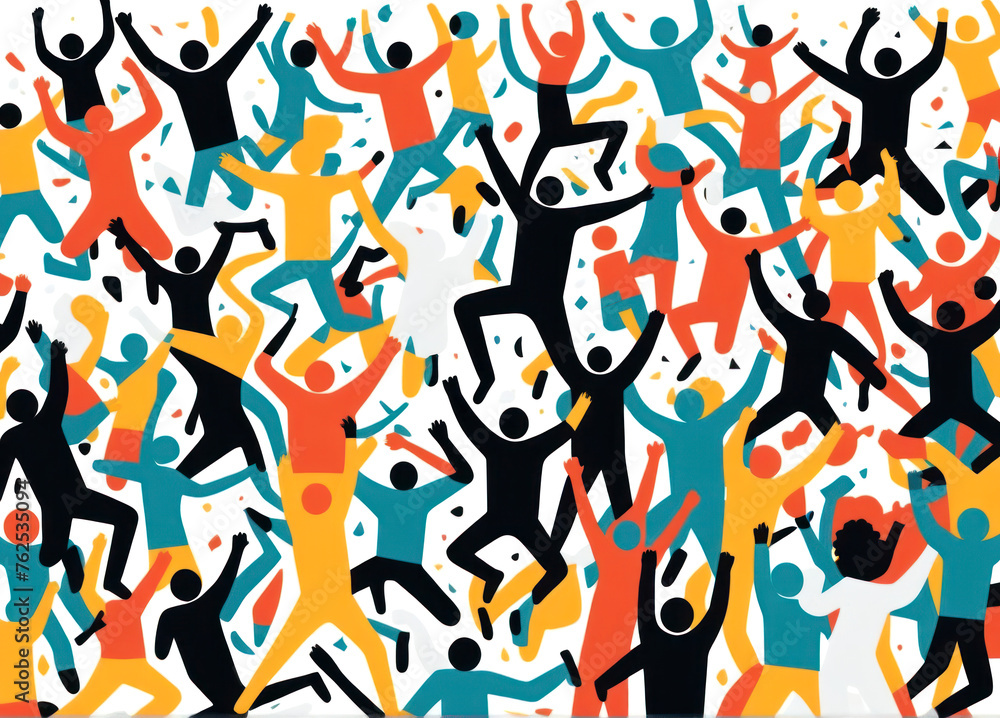 Crowd of happy people jumping and dancing. Different color and ethnicity vector illustration. Multiculturality.	
