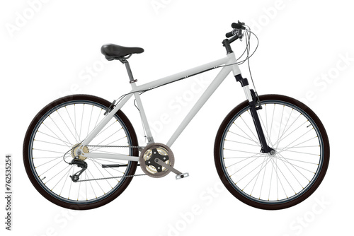 White bicycle, side view. Black leather saddle and handles. Png clipart isolated on transparent background