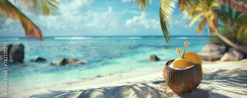 Tropical Paradise Escape With a Fresh Coconut Drink on a Sunny Beach